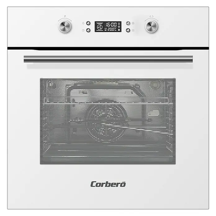 Corberó Horno empotrado CCHMP1033W - Número de tipos de calentamiento: 8 ud., Volumen horno: 65 l - Aquí hay un horno empotrado con pantalla digital y mandos giratorios. El aparato muestra un diseño elegante y moderno.