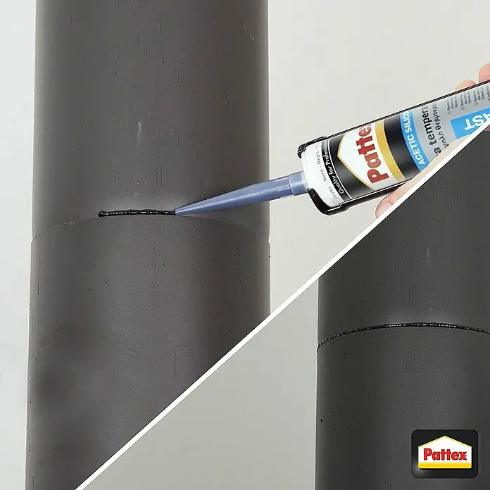 Pattex Silicona SL509 Solyplast - Negro - Un artesano sella una costura en una tubería negra con acrílico Pattex negro para sellarla.
