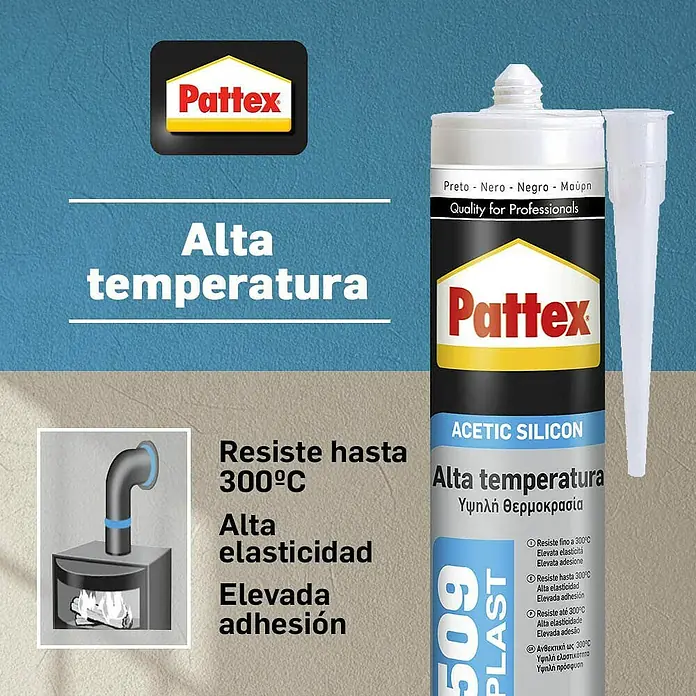 Pattex Silicona SL509 Solyplast - Negro - Imagen del producto Pattex 509 Plast Acetic Silicon, ideal para altas temperaturas y aplicaciones profesionales.