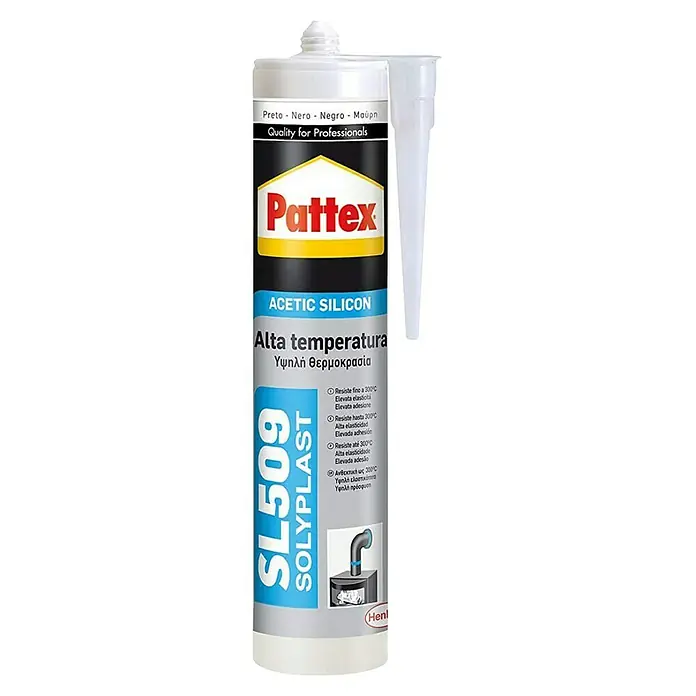 Pattex Silicona SL509 Solyplast - Negro - Pattex SL509 Solyplast silicona de alta temperatura para aplicaciones profesionales, ideal para sellados resistentes al calor hasta 300°C.