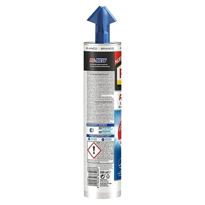 Pattex Silicona para sanitarios Baño Sano - Blanco, 280 ml - Renovador de juntas blanco RE-NEW de Henkel en una lata delgada con aplicador azul, ideal para renovar juntas.