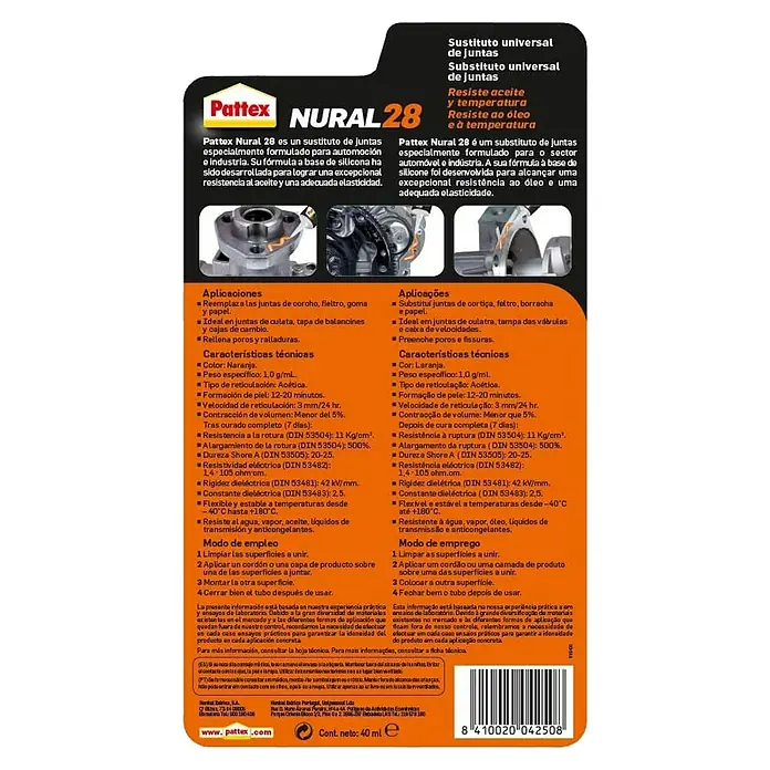 Pattex Adhesivo para juntas Nural 28 - 0,4 g - Pattex NURAL 28: Sellador universal para automoción e industria, resistente al aceite y la temperatura. Ideal para motores y cambios.