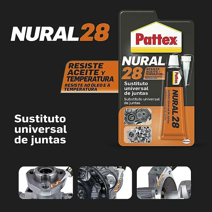 Pattex Adhesivo para juntas Nural 28 - 0,4 g - Imagen del sustituto universal de juntas Pattex NURAL 28, resistente al aceite y la temperatura, con ejemplos de uso.