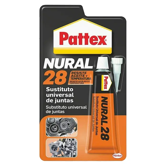 Pattex Adhesivo para juntas Nural 28 - 0,4 g - Imagen del producto Pattex Nural 28, un sustituto universal de juntas, resaltado en el envase por su resistencia al aceite y la temperatura.