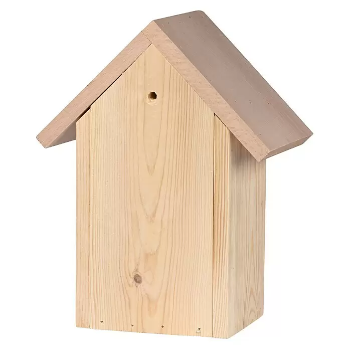 Dobar Bienenhaus Maja - L x B x H: 22,5 x 14 x 29,5 cm, Kiefer - Ein schlichtes Vogelhaus aus hellem Holz mit schrägem Dach und einer kleinen runden Einflugöffnung vorne.
