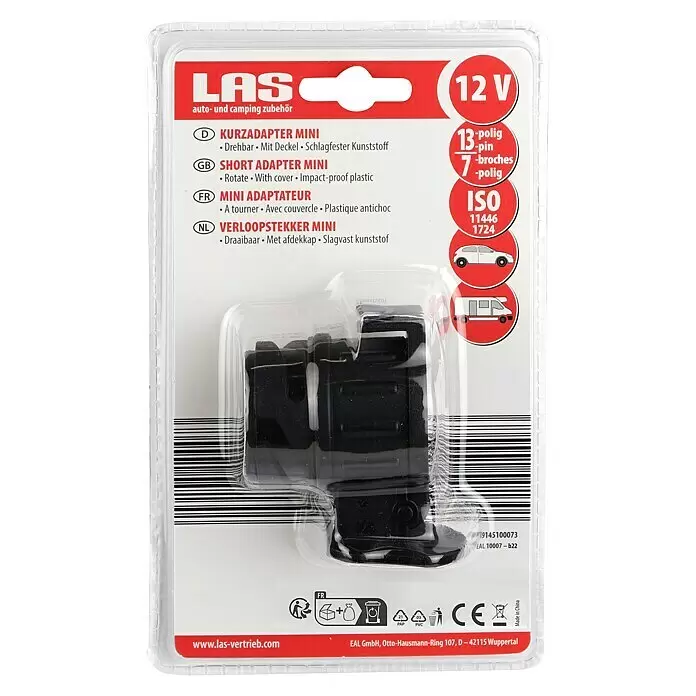 LAS Adapter Mini - 13-polig (Fahrzeug) auf 7-polig (Anhänger) - Schwarzer 12V Mini-Adapter aus Kunststoff, 13- auf 7-polig, drehbar mit Deckel, in transparenter Blisterverpackung für Auto und Wohnwagen.