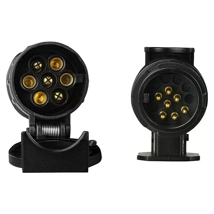 LAS Adapter Mini - 13-polig (Fahrzeug) auf 7-polig (Anhänger) - Zwei schwarze Kunststoff-Anhängerstecker, einer 7-polig und einer 13-polig, mit Messingkontakten für die Fahrzeug- und Anhängerelektrik.