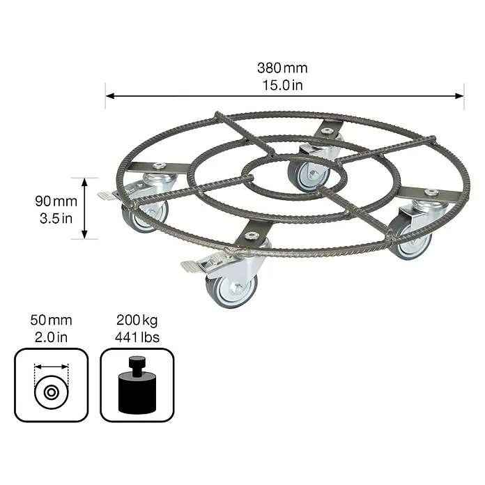 Pflanzenroller - Ø x H: 38 x 9 cm, Metall, Eisenmatt, Max. Belastung: 200 kg - Das Bild zeigt einen runden Pflanzenroller aus Metall mit drei Rollen und Angaben zu Grösse und Tragkraft.