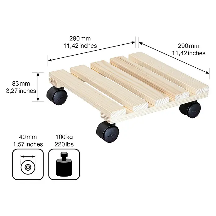 Wagner System Pflanzenroller Multi - L x B x H: 29 x 29 x 8 cm, Holz, Natur, Max. Belastung: 100 kg - Pflanzenroller aus hellem Holz mit schwarzen Rollen und Maßangaben, der bis zu 100 kg tragen kann.