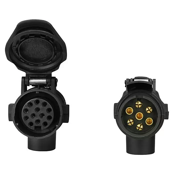 LAS Adapter - 12 V, 7-polig (Fahrzeug) auf 13-polig (Anhänger) - Zwei schwarze Kunststoff-Anhängerstecker, einer offener 13-poliger Anschluss, einer 7-poliger Stecker mit Messingkontakten.