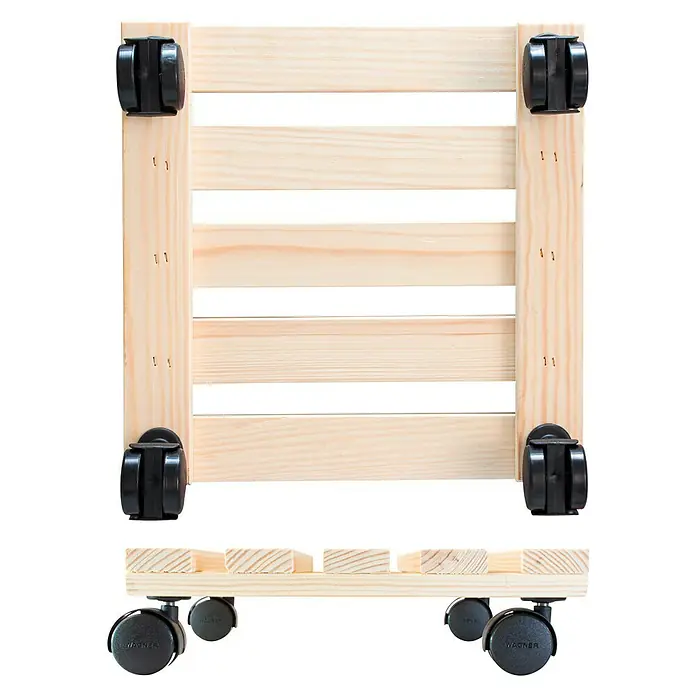Wagner System Pflanzenroller Multi - L x B x H: 29 x 29 x 8 cm, Holz, Natur, Max. Belastung: 100 kg - Ein Holzpflanzenroller mit vier schwarzen Rollen, der Mobilität und Stabilität für Pflanzen bietet.