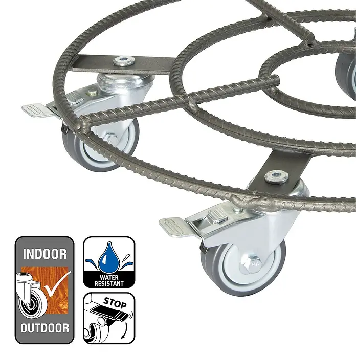 Pflanzenroller - Ø x H: 38 x 9 cm, Metall, Eisenmatt, Max. Belastung: 200 kg - Nahaufnahme eines Pflanzenrollers aus Betonstahl mit Rollen und Feststellbremsen, geeignet für Innen- und Außenbereiche.