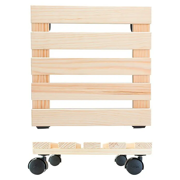 Wagner System Pflanzenroller Multi - L x B x H: 29 x 29 x 8 cm, Holz, Natur, Max. Belastung: 100 kg - Das Bild zeigt einen Pflanzenroller aus hellem Holz mit schwarzen Rollen. Er bietet eine stabile Basis für Pflanzen und ist leicht zu bewegen.