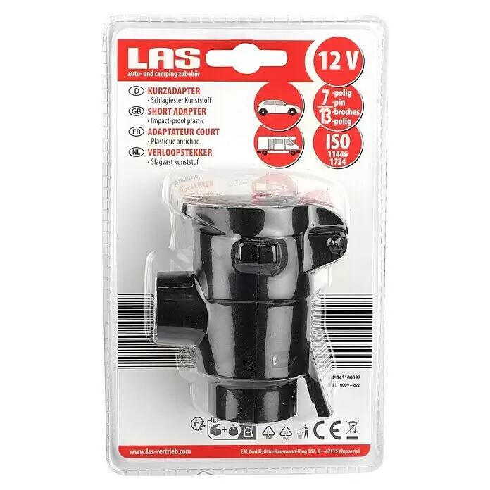 LAS Adapter - 12 V, 7-polig (Fahrzeug) auf 13-polig (Anhänger) - Schwarzer 12V Kurzadapter von 7 auf 13 Pole für Auto und Camping, in transparenter Kunststoffverpackung.