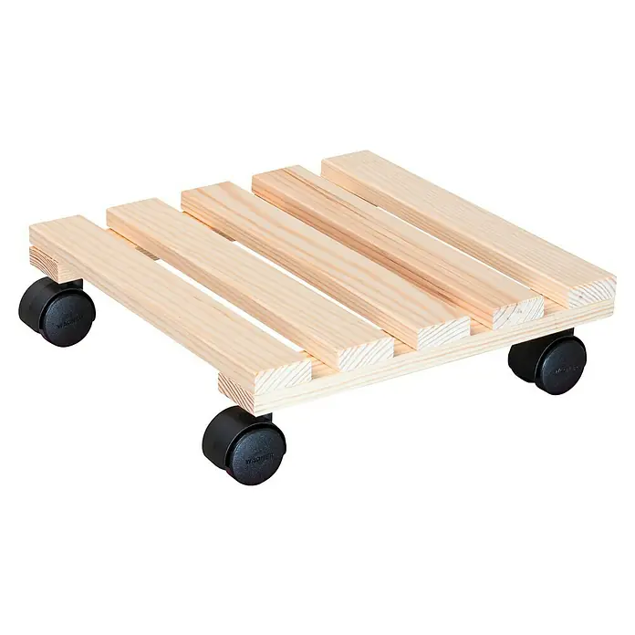Wagner System Pflanzenroller Multi - L x B x H: 29 x 29 x 8 cm, Holz, Natur, Max. Belastung: 100 kg - Produktbild eines rollbaren Pflanzenuntersetzers aus hellem Holz mit vier schwarzen Rollen für den einfachen Transport von Pflanzen.