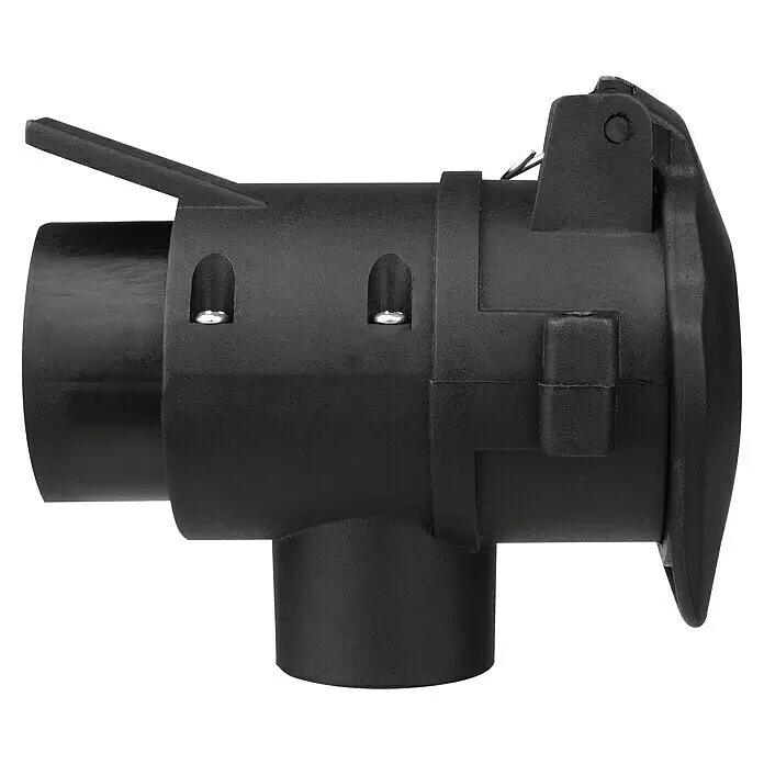 LAS Adapter - 12 V, 7-polig (Fahrzeug) auf 13-polig (Anhänger) - Schwarzer Kunststoff-Elektrostecker mit Sicherungshebel und Seitenabgang.