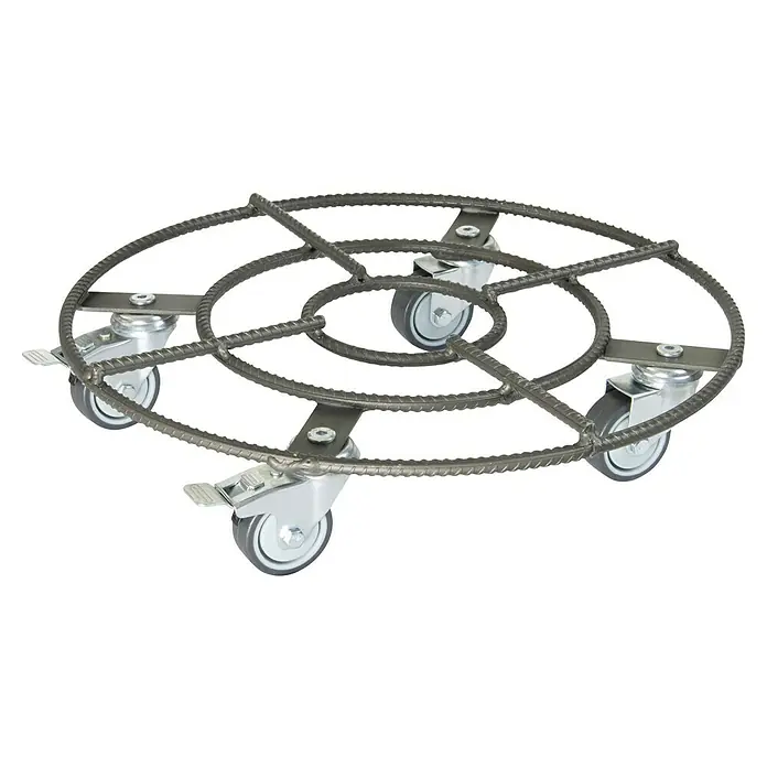 Pflanzenroller - Ø x H: 38 x 9 cm, Metall, Eisenmatt, Max. Belastung: 200 kg - Eine Topfpflanzen-Rolluntersetzer aus grauem Metall mit fünf grauen Rädern und einer Bremse.