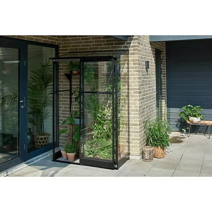 Halls Gewächshaus Qube Lean-to 24 - Außenmaß inkl. Dachüberstand (B x T): 127 x 65 cm, Material Seitenwand: Glas, 3 mm, Schwarz - Schwarze Gewächshaus-Vitrine mit Pflanzen auf einer Terrasse am Haus. Ideal für den Anbau von Kräutern und Gemüse im Freien.