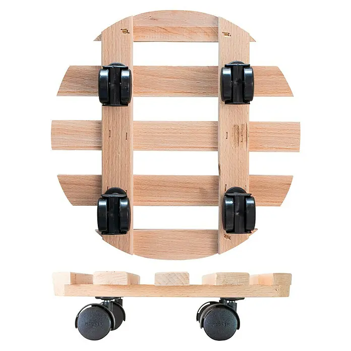 Wagner System Pflanzenroller Multi Paletti - Ø x H: 30 x 8 cm, Holz, Natur, Max. Belastung: 100 kg - Top-Down- und Seitenansicht eines rollbaren Pflanzgefäßuntersatzes aus hellem Holz mit schwarzen Rollen der Marke Wagner.