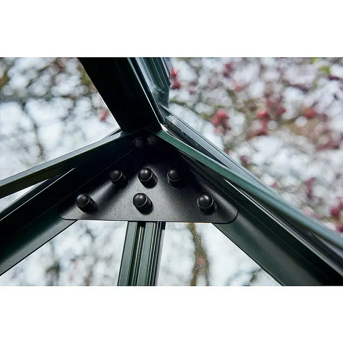 Halls Gewächshaus Garden Room - Außenmaß inkl. Dachüberstand (B x T): 390 x 389 cm, Material Seitenwand: Glas, 3 mm, Schwarz - Detailaufnahme eines Gewächshausrahmens mit Fokus auf die soliden, vernieteten Verbindungsstücke, die für Stabilität und Langlebigkeit sorgen.