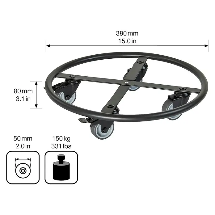 Wagner System Pflanzenroller - Ø x H: 38 x 8 cm, Metall, Schwarz, Max. Belastung: 150 kg - Abbildung eines Topfrollers mit den Maßen 380 mm (15,0 in) Durchmesser und 80 mm (3,1 in) Höhe, mit einer Traglast von 150 kg (331 lbs).