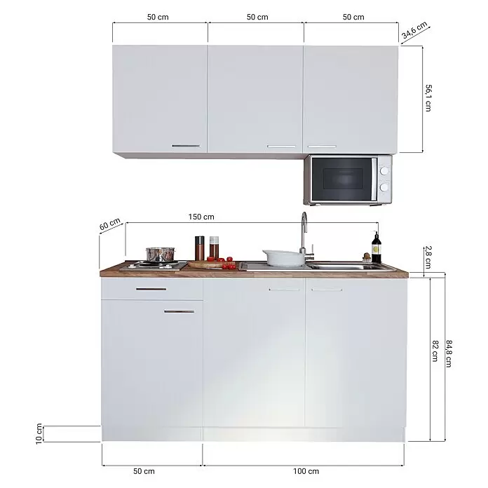 Respekta Singleküche Luis - Breite: 150 cm, Rot, Mit Elektrogeräten, Mikrowelle - Skizze