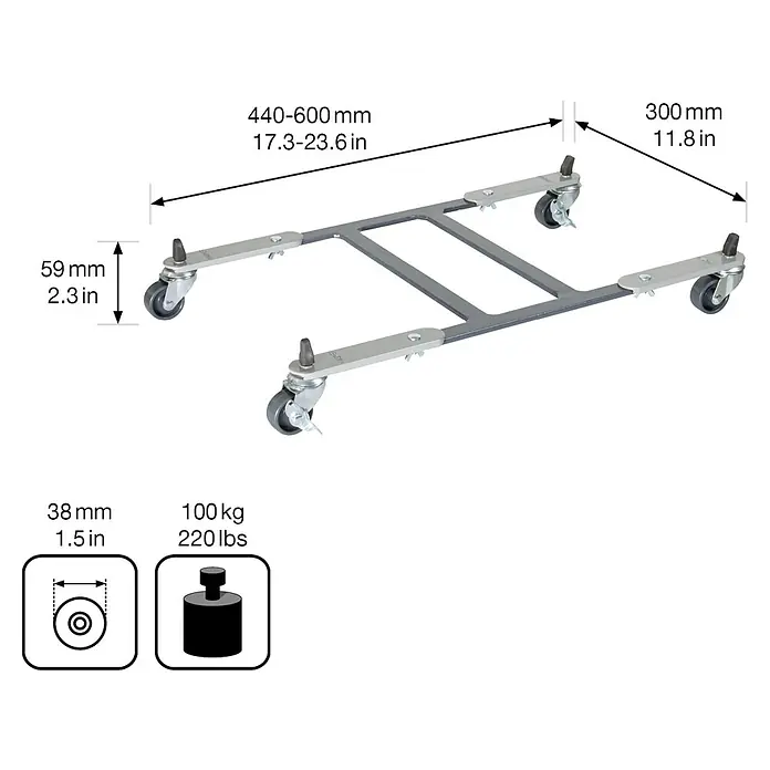 Wagner System Pflanzenroller ausziehbar - L x B x H: 44 x 30 x 5,9 cm, Metall, Grau, Max. Belastung: 100 kg - Bild einer verstellbaren Möbelrolle mit den Maßen 440-600 mm Länge, 300 mm Breite und 59 mm Höhe und einer Belastbarkeit von 100 kg.
