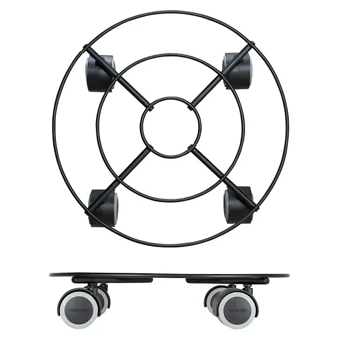 Wagner System Pflanzenroller Draht - Ø x H: 300 x 63 mm, Metall, Schwarz, Max. Belastung: 60 kg - Das Produkt ist ein Pflanzenroller mit vier Rollen und einer runden Ablagefläche. Er ist ideal, um Pflanzen leicht zu bewegen.