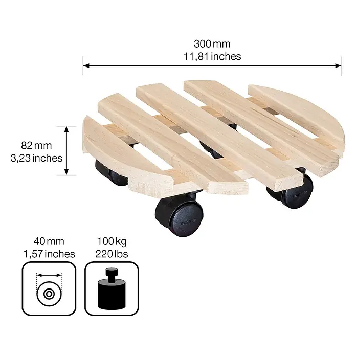 Wagner System Pflanzenroller Multi Paletti - Ø x H: 30 x 8 cm, Holz, Natur, Max. Belastung: 100 kg - Pflanzenroller aus hellem Holz mit schwarzen Rollen und Maßangaben.
