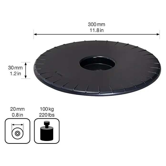 Wagner System Pflanzenroller Ultraflat - Ø x H: 30 x 3 cm, Kunststoff, Schwarz, Max. Belastung: 100 kg - Produktbild einer schwarzen, runden Sockelplatte mit den Maßen 300mm Durchmesser und 30mm Höhe, belastbar bis 100kg.