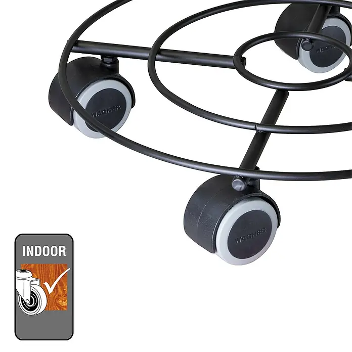 Wagner System Pflanzenroller Draht - Ø x H: 300 x 63 mm, Metall, Schwarz, Max. Belastung: 60 kg - Das Bild zeigt einen Pflanzenroller mit Rollen, der für den Innenbereich geeignet ist. Der Pflanzenroller ist schwarz und hat graue Rollen.