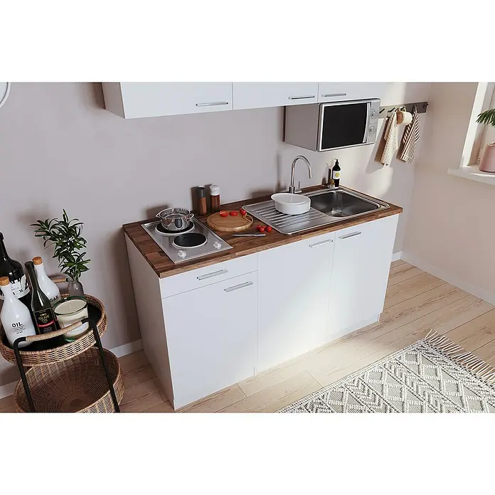 Respekta Singleküche Luis - Breite: 150 cm, Weiß, Mit Elektrogeräten, Mikrowelle - Kompakte Küchenzeile mit Spüle, Kochfeld und Stauraum in Weiß und Holzoptik. Ideal für kleine Räume.