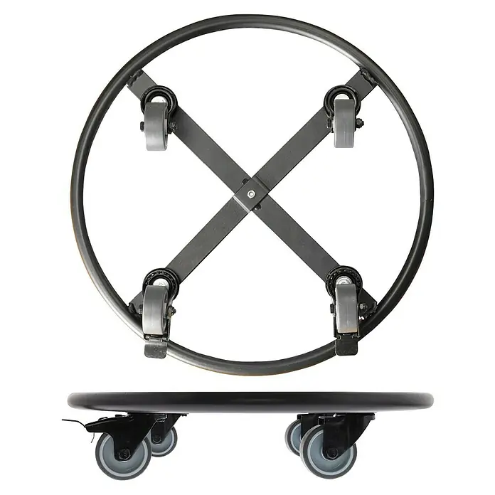 Wagner System Pflanzenroller - Ø x H: 38 x 8 cm, Metall, Schwarz, Max. Belastung: 150 kg - Das Bild zeigt eine Möbelrolle mit einem runden Rahmen und vier Rollen für einfachen Transport von Möbeln oder anderen Gegenständen.