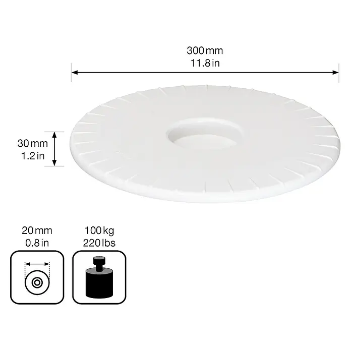 Wagner System Pflanzenroller Ultraflat - Ø x H: 30 x 3 cm, Kunststoff, Weiß, Max. Belastung: 100 kg - Ein weißer, runder Drehteller mit den Maßen 300mm Durchmesser, 30mm Höhe, 20mm Loch und einer Belastbarkeit von 100kg.