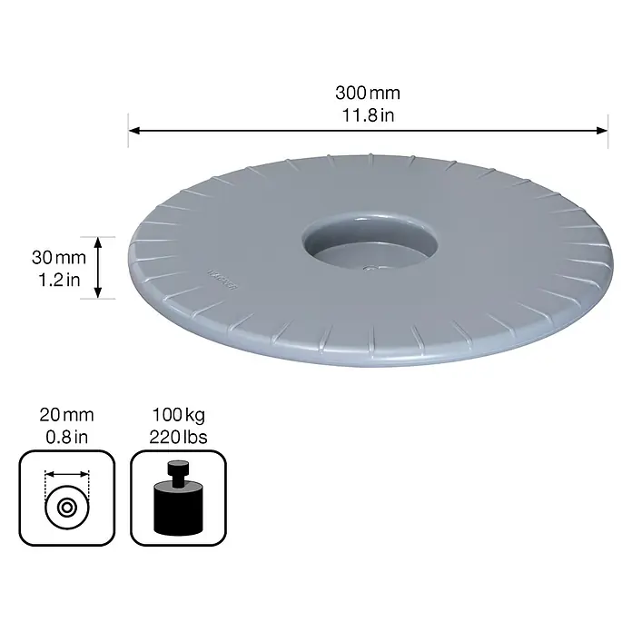Wagner System Pflanzenroller Ultraflat - Ø x H: 30 x 3 cm, Kunststoff, Grau, Max. Belastung: 100 kg - Runde, graue Möbelroller-Platte mit technischen Details wie Durchmesser, Höhe und Belastbarkeit.