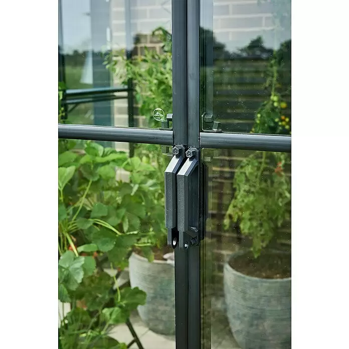 Halls Gewächshaus Qube Lean-to 68 - Außenmaß inkl. Dachüberstand (B x T): 251 x 188 cm, Material Seitenwand: Glas, Schwarz - Schwarzer Metallrahmen einer Gewächshaustür mit Griffen, Pflanzen durch das Glas sichtbar.