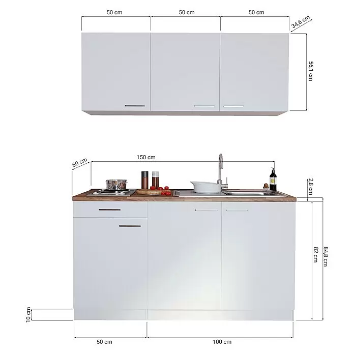 Respekta Singleküche Luis - Breite: 150 cm, Schwarz, Mit Elektrogeräten - Weiße Küchenzeile mit Holz-Arbeitsplatte, Spüle, Kochfeld und Hängeschränken.