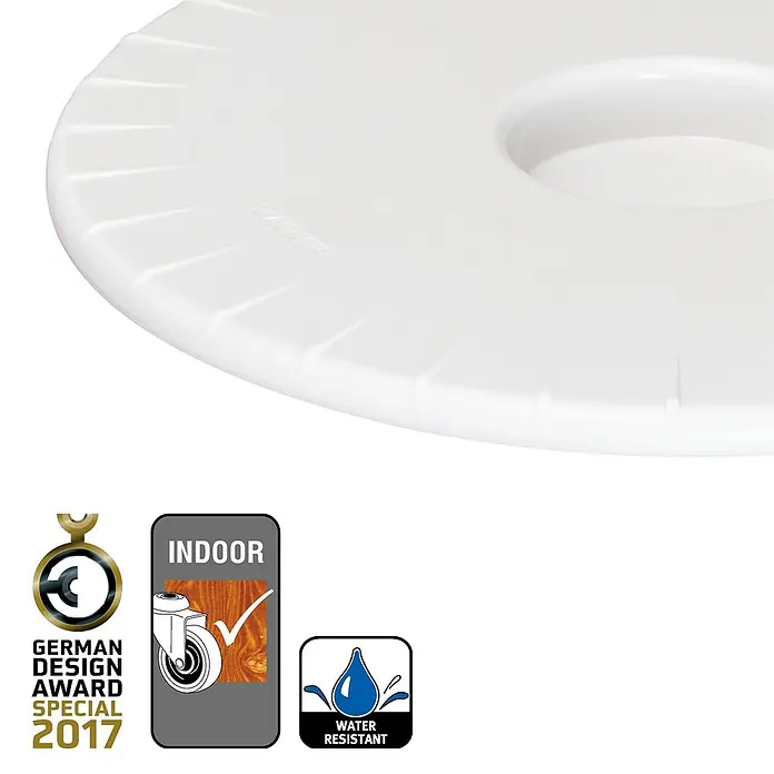 Wagner System Pflanzenroller Ultraflat - Ø x H: 30 x 3 cm, Kunststoff, Weiß, Max. Belastung: 100 kg - Nahaufnahme einer weißen, runden Möbelunterlage, ausgezeichnet mit dem "German Design Award Special 2017", mit Indoor- und wasserabweisenden Eigenschaften.