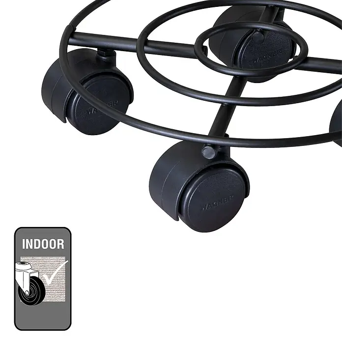 Wagner System Pflanzenroller DrahtØ x H: 230 x 63 mm, Metall, Schwarz, Max. Belastung: 60 kg - Nahaufnahme eines Pflanzenrollers mit Rädern für den Innenbereich, ideal für den einfachen Transport von Topfpflanzen.