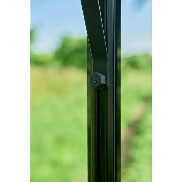 Halls Gewächshaus Blockley 814 - Außenmaß inkl. Dachüberstand (B x T): 256 x 441 cm, Material Seitenwand: Glas, 3 mm, Schwarz - Eine Nahaufnahme eines schwarzen Fensterrahmens mit einem sechseckigen Verschluss vor einem verschwommenen grünen Hintergrund.