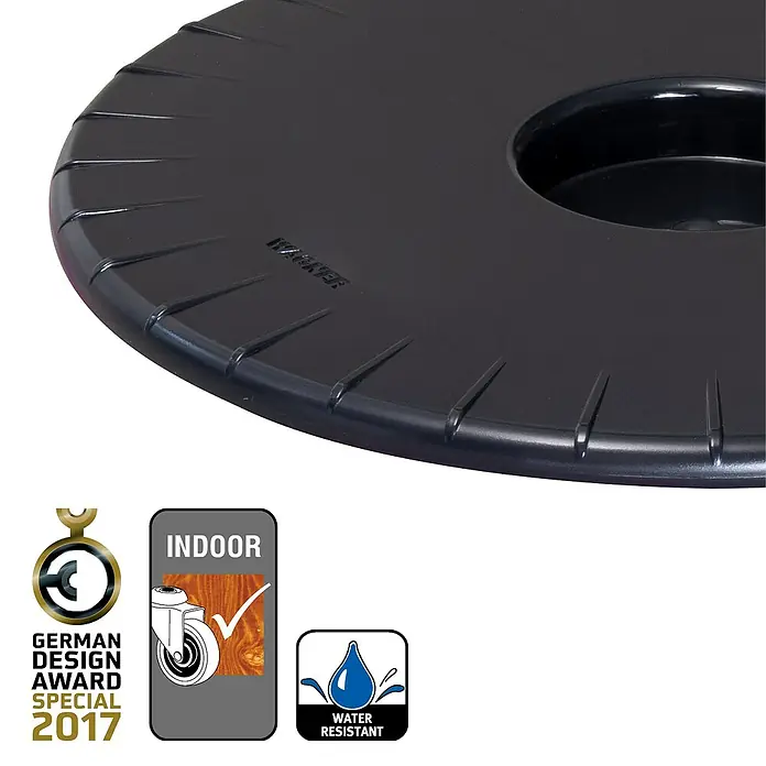 Wagner System Pflanzenroller Ultraflat - Ø x H: 30 x 3 cm, Kunststoff, Schwarz, Max. Belastung: 100 kg - Das Produkt ist ein runder, schwarzer Pflanzenroller mit einer Aussparung in der Mitte und einem gerippten Rand, der für den Innenbereich geeignet und wasserabweisend ist.