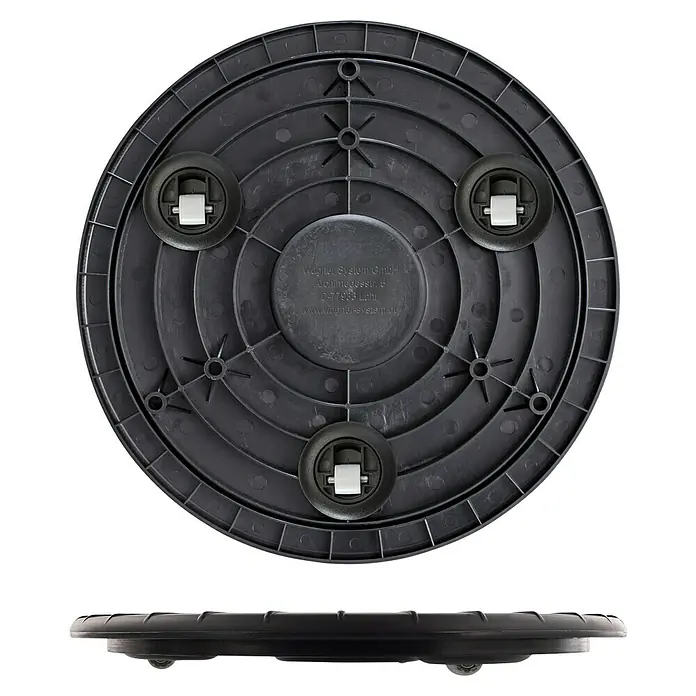 Wagner System Pflanzenroller Ultraflat - Ø x H: 30 x 3 cm, Kunststoff, Schwarz, Max. Belastung: 100 kg - Das Bild zeigt einen runden, schwarzen Pflanzroller mit drei Rollen an der Unterseite. Ideal für den einfachen Transport schwerer Pflanzen im Innenbereich.