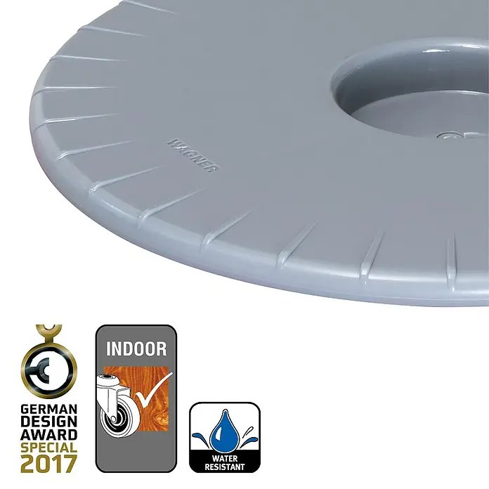 Wagner System Pflanzenroller Ultraflat - Ø x H: 30 x 3 cm, Kunststoff, Grau, Max. Belastung: 100 kg - Produktabbildung einer grauen, runden Pflanzenroller-Untersetzer, der mit 'WAGNER' gekennzeichnet ist, und mit Auszeichnungen versehen ist.