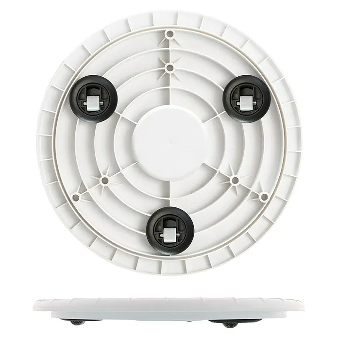 Wagner System Pflanzenroller Ultraflat - Ø x H: 30 x 3 cm, Kunststoff, Weiß, Max. Belastung: 100 kg - Nahaufnahme der Unterseite einer weißen, runden Pflanzenroller mit drei Rädern für einfache Mobilität.