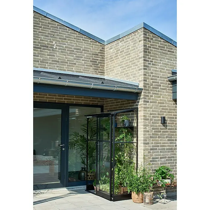 Halls Gewächshaus Qube Lean-to 24 - Außenmaß inkl. Dachüberstand (B x T): 127 x 65 cm, Material Seitenwand: Glas, 3 mm, Schwarz - Nahaufnahme eines Gewächshauses mit Pflanzen, das an einer Backsteinmauer steht und einen Hauch von Grün in den Außenbereich bringt.