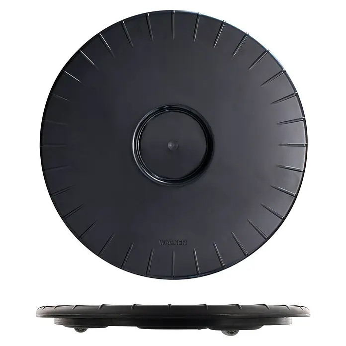 Wagner System Pflanzenroller Ultraflat - Ø x H: 30 x 3 cm, Kunststoff, Schwarz, Max. Belastung: 100 kg - Schwarze, runde Rolluntersetzer mit dem Schriftzug "Wagner" für den Transport von Möbeln und anderen Gegenständen.