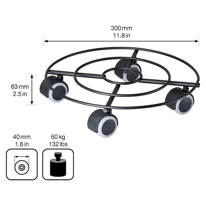 Wagner System Pflanzenroller Draht - Ø x H: 300 x 63 mm, Metall, Schwarz, Max. Belastung: 60 kg - Der Rolluntersetzer mit seinen Rollen ist ideal für den Transport schwerer Gegenstände und Pflanzen.