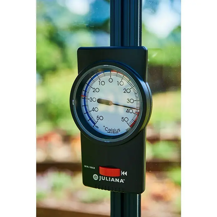 Juliana ThermometerL x B x H: 20 x 11 x 4,2 cm, Schwarz - Ein Juliana-Thermometer, das die Temperatur in Grad Celsius anzeigt, mit einer roten Taste zur Einstellung von Min/Max.