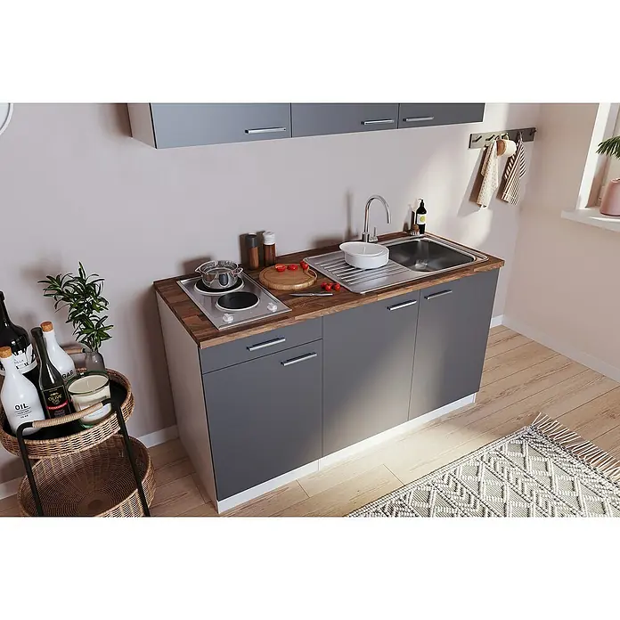 Respekta Cocina compacta Luis - Ancho: 150 cm, Gris, Con electrodomésticos - Cocina americana con fregadero, fogones y mueble bajo gris. Equipamiento práctico para espacios pequeños.