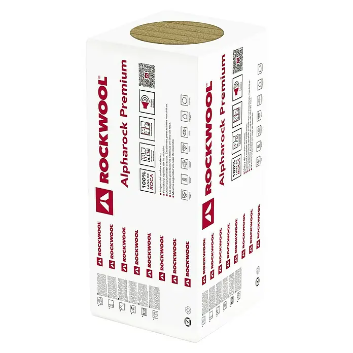 Rockwool Lana de roca semirrígida Alpharock Premium - 135 cm x 60 cm x 40 mm, 8,1 m² - Primer plano del embalaje de ROCKWOOL Alpharock Premium. El embalaje está impreso con el logotipo de ROCKWOOL e información del producto.